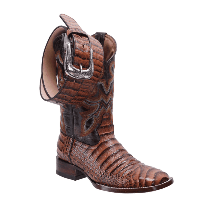 BD704 Cognac Combo Men's Western Boots: Square Toe Cowboy & Rodeo Boots in Genuine Leather BD04 belt