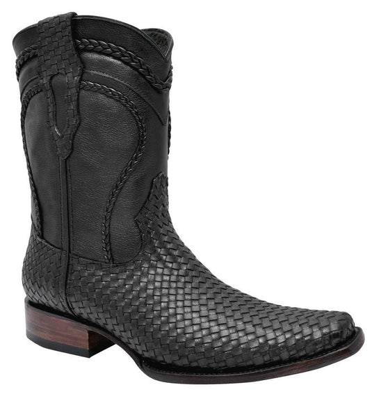 JB410 Black Square Toe Boots Leather Braided Print