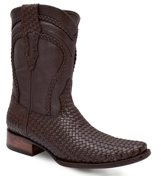 JB410 Brown Square Toe Boots Leather Braided Print