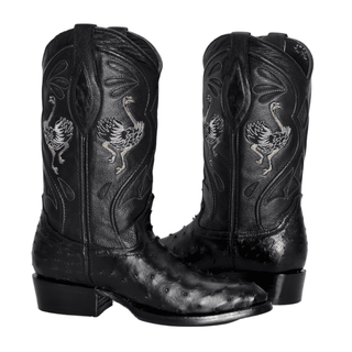 JB903 BLACK J Toe Boots  Original  Men's Cowboy Boots Ostrich Genuine Leather,  Western Boots.