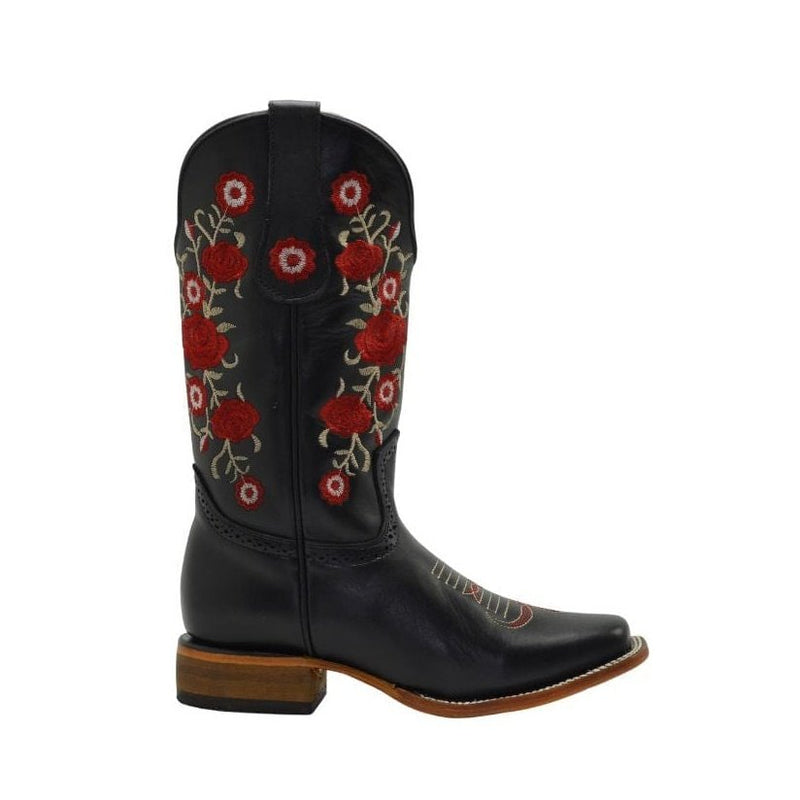 Load image into Gallery viewer, JB16-07 Black Women Square Toe Boots Red Flowers SET with Belt
