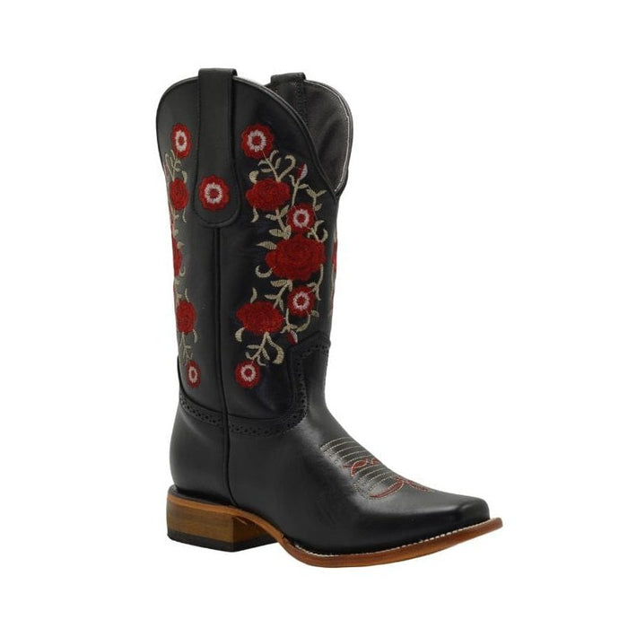 JB16-07 Black Women's Square Toe Boots with Red Floral Accents
