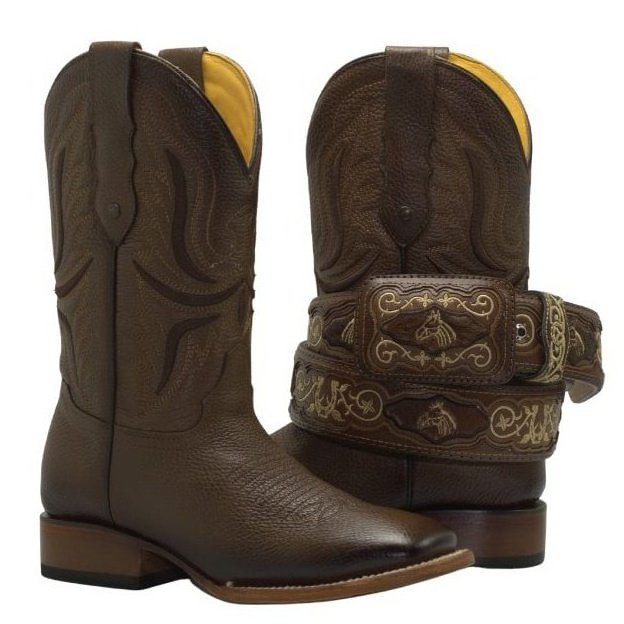 Rodeo Cartie RC095 Combo Brown Men's Western Boots: Square Toe Cowboy & Rodeo Boots in Genuine Leather with  CB16 Belt