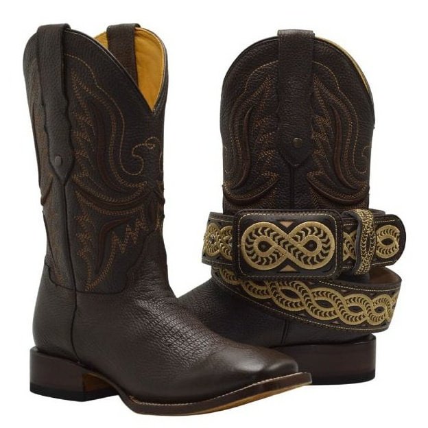 Rodeo Cartie RC095 tobacco Combo Men's Western Boots: Square Toe Cowboy & Rodeo Boots in Genuine Leather with CB Caporal Belt