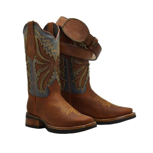 Joe boots SG518 Tan Combo Men's Western Boots: Square Toe Cowboy & Rodeo Boots in Genuine Leather with Belt 140with