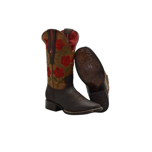 Joe Boots 15-02 Brown Premium Women's Cowboy Embroidered Boots: Square Toe Western Boot