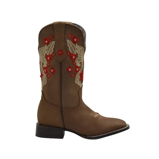 JB16-06 Sand Women Square Toe Boots with Red Floral Accents