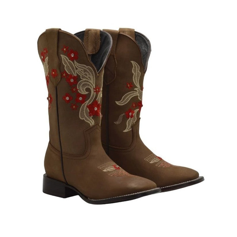 Load image into Gallery viewer, JB16-06 Sand Women Square Toe Boots with Red Floral Accents
